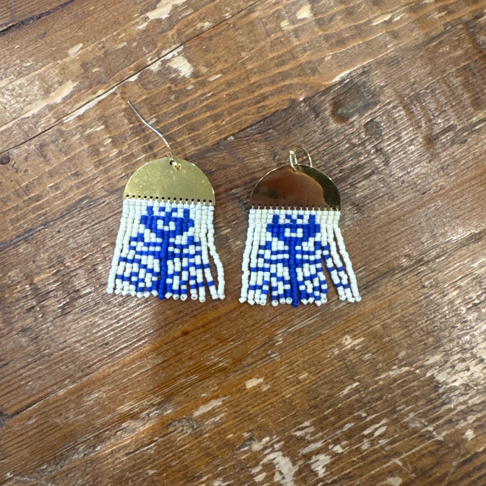 Handmade Gold & Blue Beaded Fringe Earrings